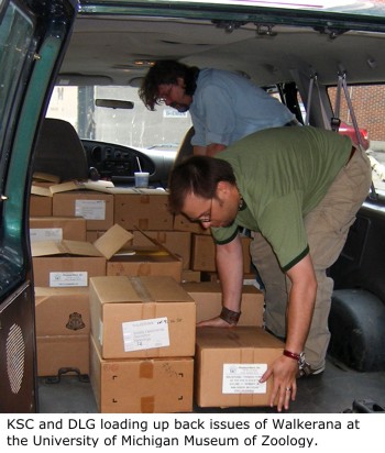 Kevin Cummings and Daniel Graf load up back issues of Walkerana at the University of Michigan Museum of Zoology.